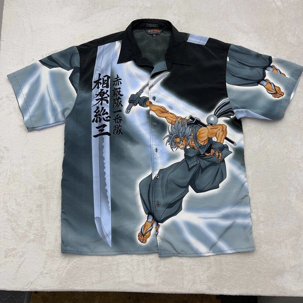 DTEK Sport Shirt Mens 2XL Gray Samurai Japanese Anime Button Up All Over Print